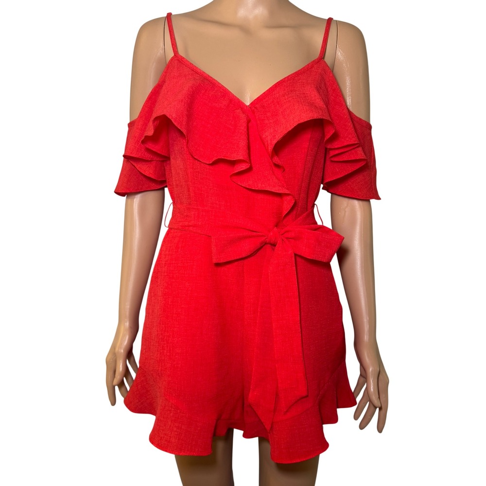 Blue Blush Tomato Red Cold Shoulder Ruffle Romper w/ pockets Sm / Medium Outfit